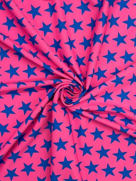 Star Print Spandex Fabric - Blue With Pink Stars, 58"/60" Width (1 Yard)
