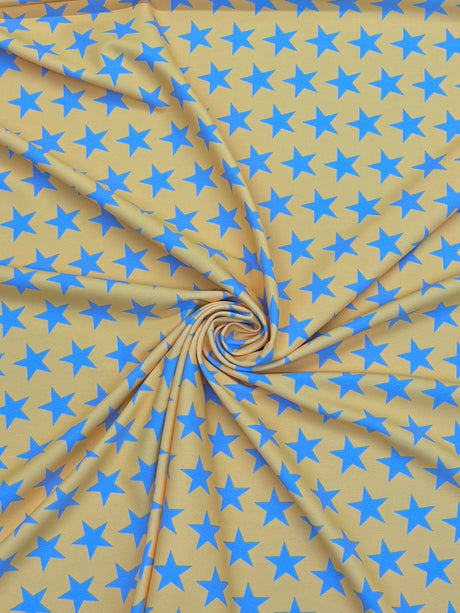 Star Print Spandex Fabric - Blue With Pink Stars, 58"/60" Width (1 Yard)