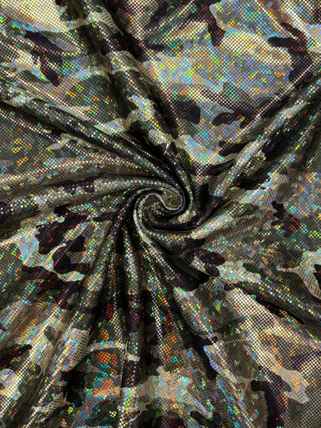 Camo Print Shattered Glass Metallic Spandex Fabric - Camo Print, 36" X 60" (1 Yard)