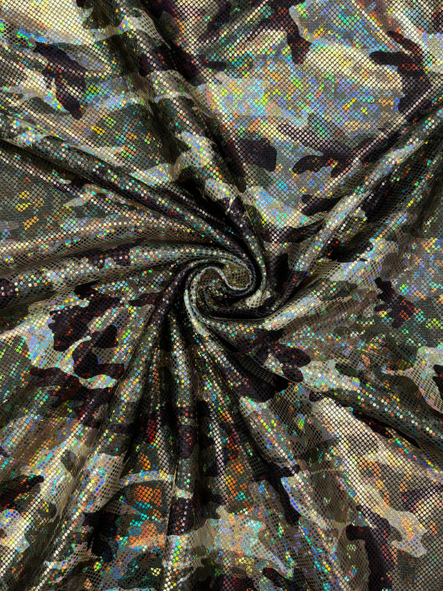 Camo Print Shattered Glass Metallic Spandex Fabric - Camo Print, 36" X 60" (1 Yard)