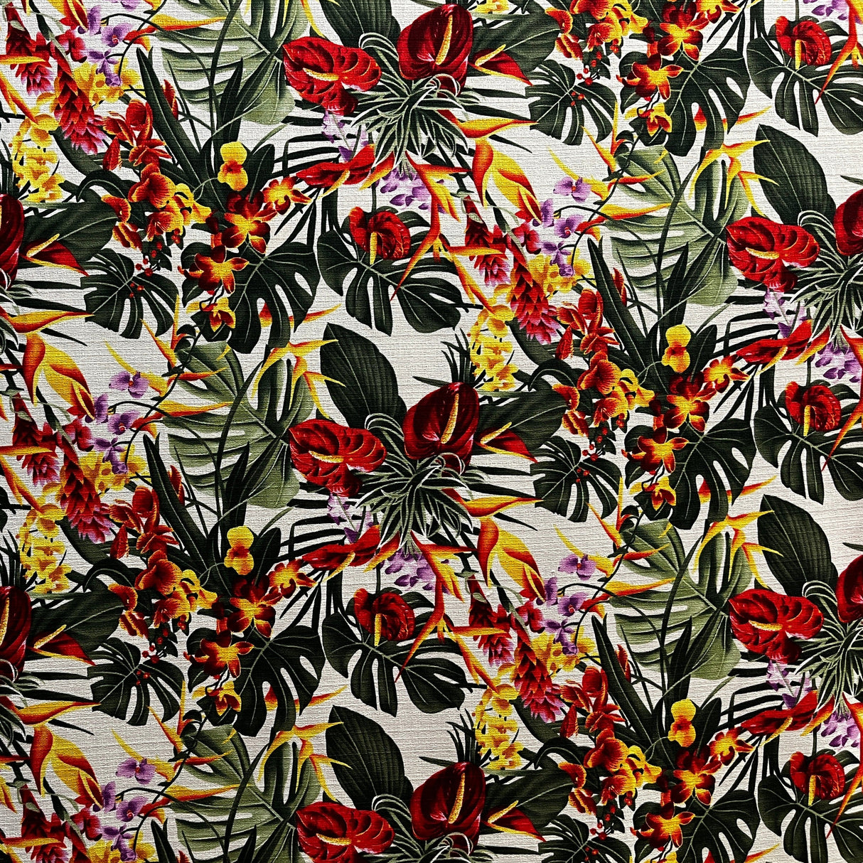 Hawaiian Tropical Garden Light Barkcloth Fabric - Aqua, Black, Ivory, Tropical Floral Print, 45" Width (1 Yard)