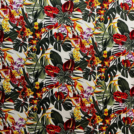 Hawaiian Tropical Garden Light Barkcloth Fabric - Aqua, Black, Ivory, Tropical Floral Print, 45" Width (1 Yard)