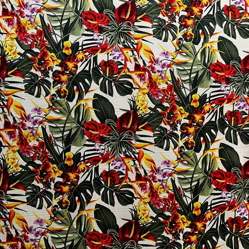 Hawaiian Tropical Garden 100% Cotton Barkcloth Fabric - Aqua, Tropical Floral Print, 45" Width (1 Yard)