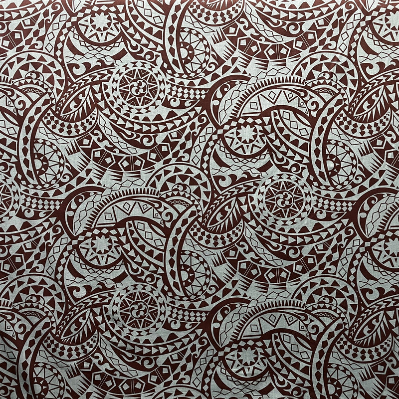 Traditional Tattoo Polynesian Chambray Cotton Polyester Fabric - Denim Look, Black, Maroon Oak, Blue, 58/60" Width (1 Yard)