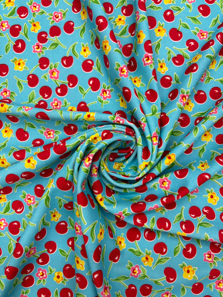 Cherry Printed Spandex Fabric - Cherry Print, 58"/60" Width (1 Yard)