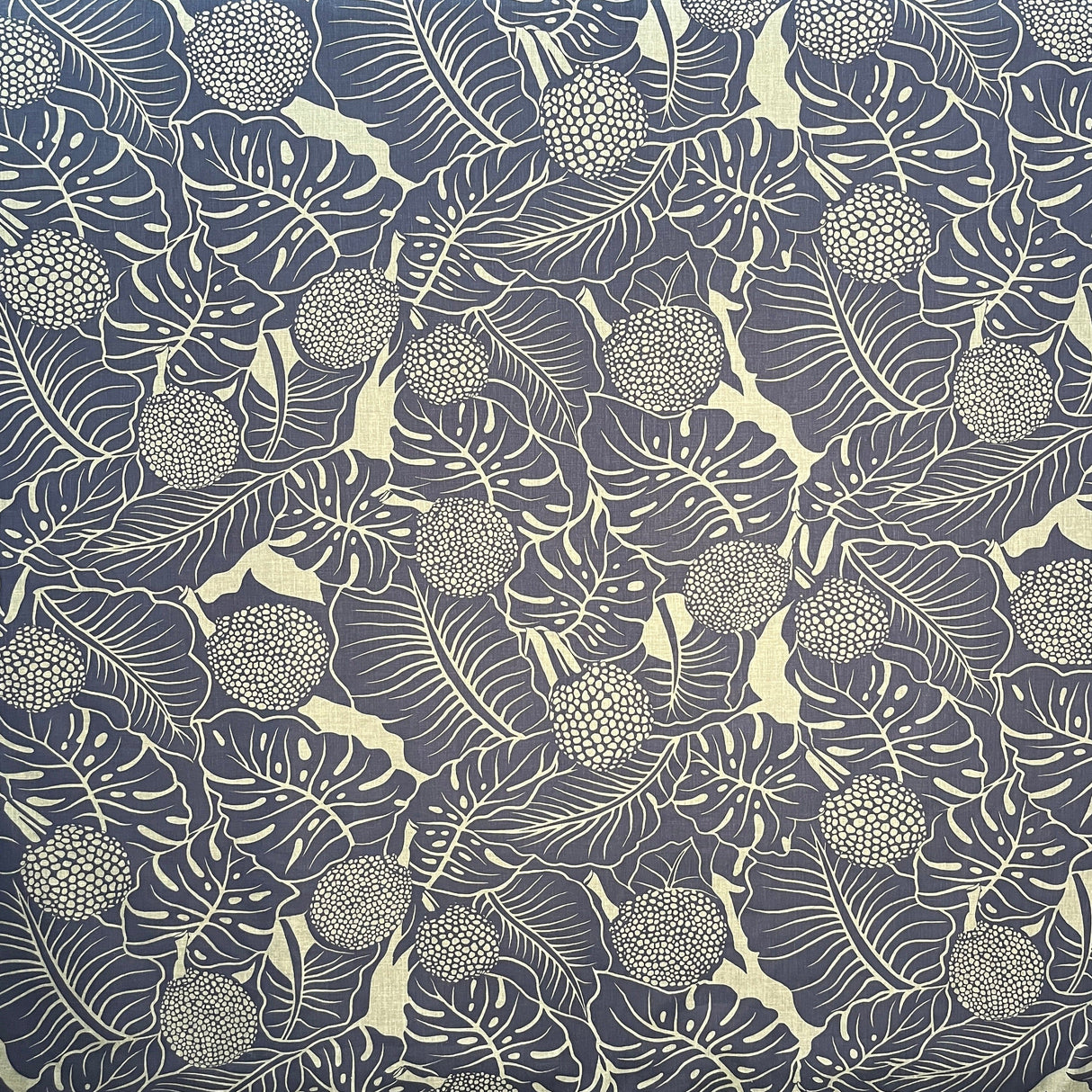 Durian Banana Monstera Leaves Polyester Cotton Fabric - Chambray Denim Look, Black, 58/60" Width (1 Yard)