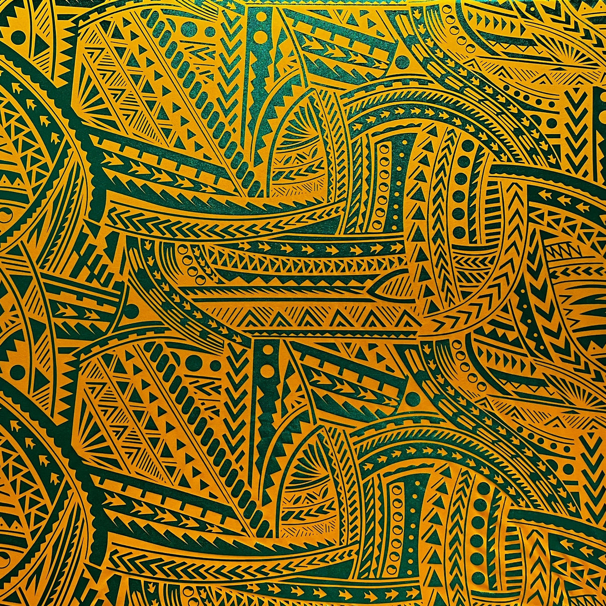 Traditional Polynesian Tattoo Design Polyester Foil Fabric - Green/Yellow, Red/Black, Hunter Green, 36" X 60" (1 Yard)
