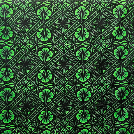 Traditional Tapa Hibiscus Cotton Fabric - Black And Green, 36" X 45" (1 Yard)