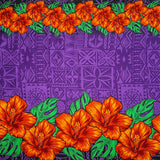Tapa Hibiscus Flowers Double Border Cotton Poplin Fabric - Hibiscus And Monstera Leaves, 44" Width, 36" Yard Cut (1 Yard)