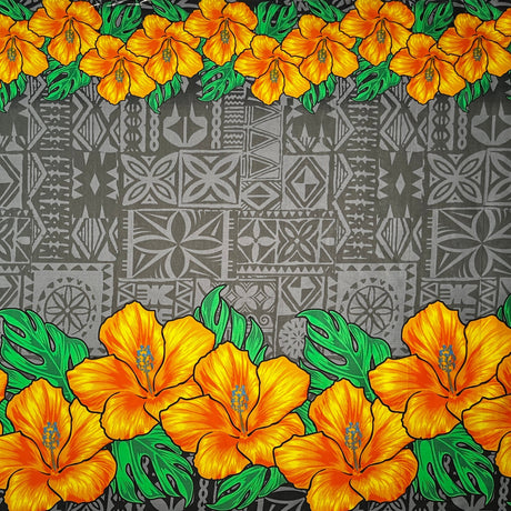 Tapa Hibiscus Flowers Double Border Cotton Poplin Fabric - Yellow, Purple, Charcoal, Teal, Double Border Hibiscus And Monstera Leaf Print, 44" Width (1 Yard)