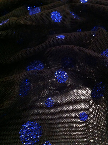 Sparkly Polka Dot Glitter On Black Polyester Spandex Mesh Fabric - Black, Sparkly Polka Dot Glitter, 58"-60" Width