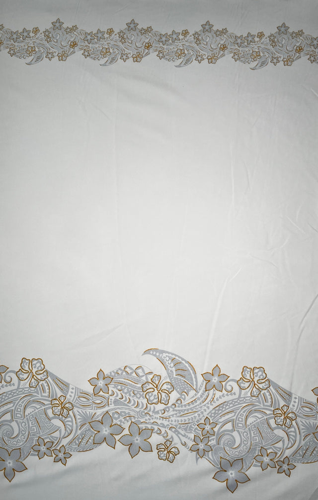 Plumeria W/ Leaves Double Border Glitter Polyester Fabric - White Glitter Double Border Leaves, 36" X 60" (1 Yard)