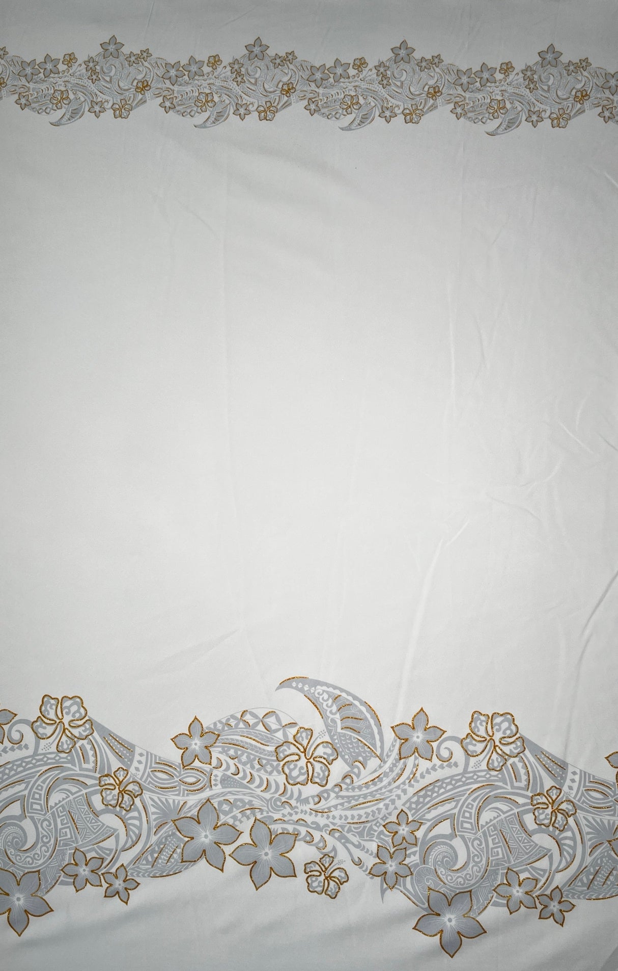 Plumeria W/ Leaves Double Border Glitter Polyester Fabric - White Glitter Double Border Leaves, 36" X 60" (1 Yard)