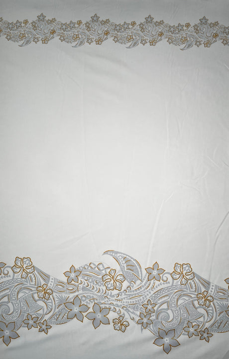 Polyester Fabric Plumeria Double Border White Glitter