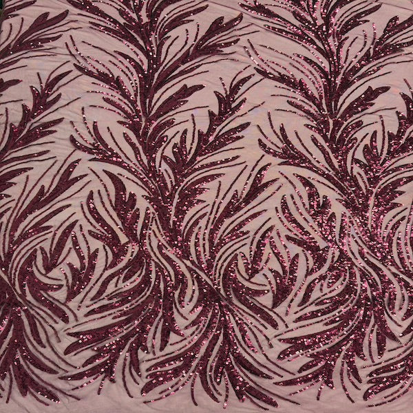 Ariba Floral Leaf Stretch Sequins Fabric - Nylon Spandex Mesh Fabric, 4-Way Stretch, 60" Width, 52" Sequins Width (1 Yard)