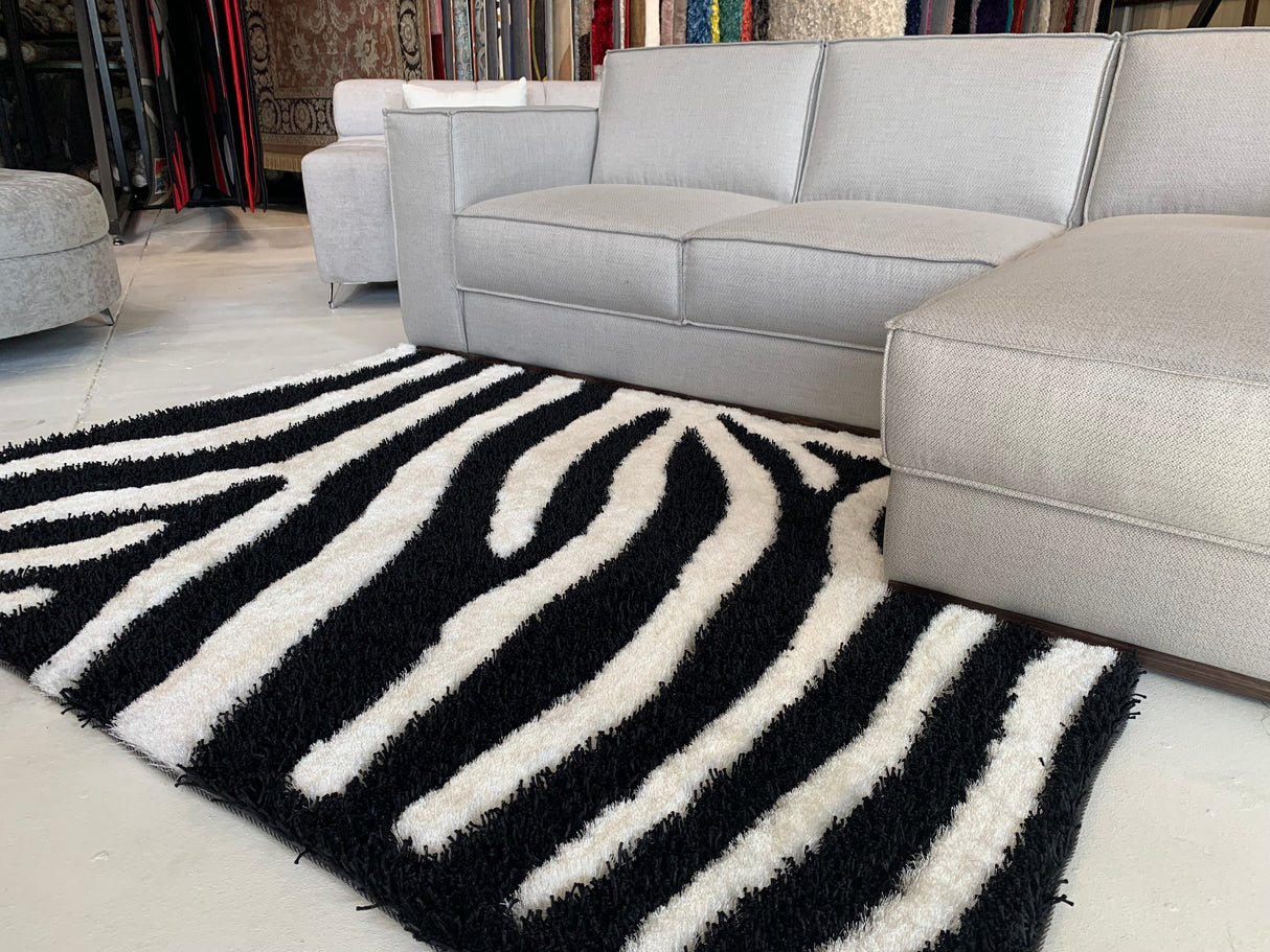Zebra Animal Print Shag Viscose Fabric - Black And White Zebra Print, 1.5" High Pile (1 Piece)