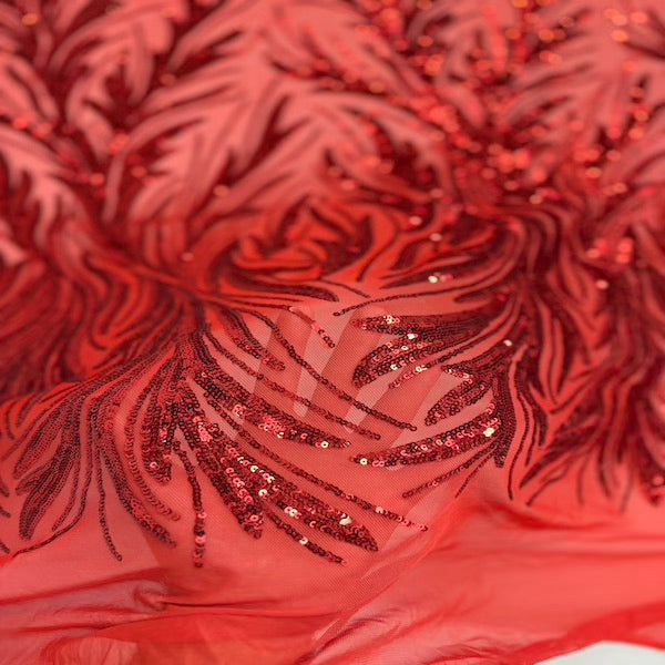 Ariba Floral Leaf Stretch Sequins Fabric - Nylon Spandex Mesh Fabric, 4-Way Stretch, 60" Width, 52" Sequins Width (1 Yard)