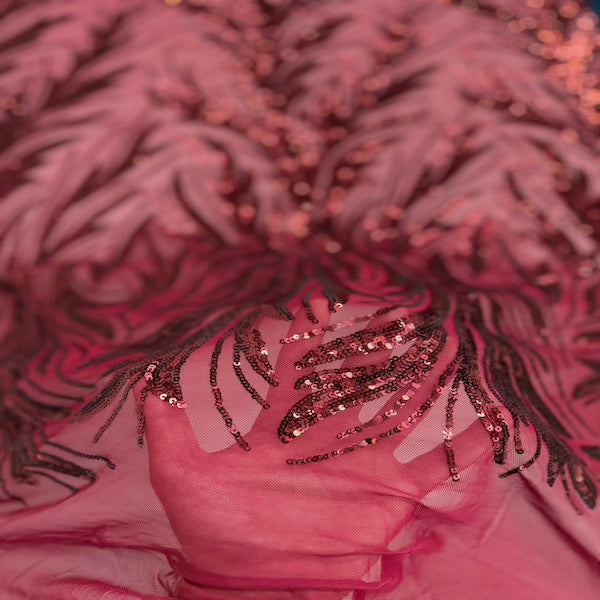 Ariba Floral Leaf Stretch Sequins Fabric - Nylon Spandex Mesh Fabric, 4-Way Stretch, 60" Width, 52" Sequins Width (1 Yard)