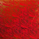 Palm Leaves Traditional Tattoo Polyester Foil Fabric - Foil Printed, Red & Gold, 36" X 60" (1 Yard)
