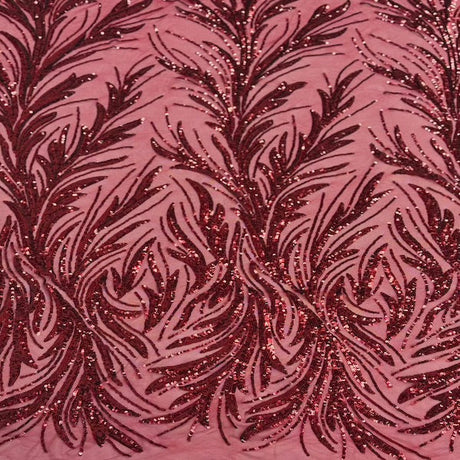 Ariba Floral Leaf Stretch Sequins Fabric - Nylon Spandex Mesh Fabric, 4-Way Stretch, 60" Width, 52" Sequins Width (1 Yard)