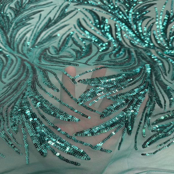Ariba Floral Leaf Stretch Sequins Fabric - Nylon Spandex Mesh Fabric, 4-Way Stretch, 60" Width, 52" Sequins Width (1 Yard)