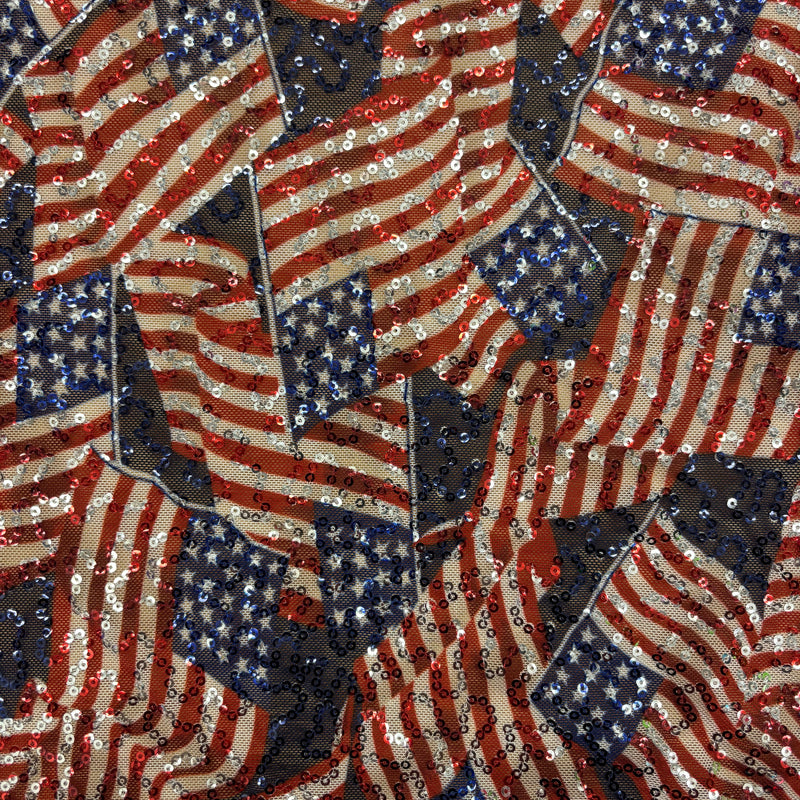 American Flag Print Sequin Mesh Fabric - American Flag Print, 4-Way Stretch, Medium Weight, 1 Yard
