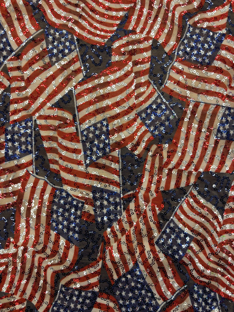 American Flag Print Sequin Mesh Fabric - American Flag Print, 4-Way Stretch, Medium Weight, 1 Yard