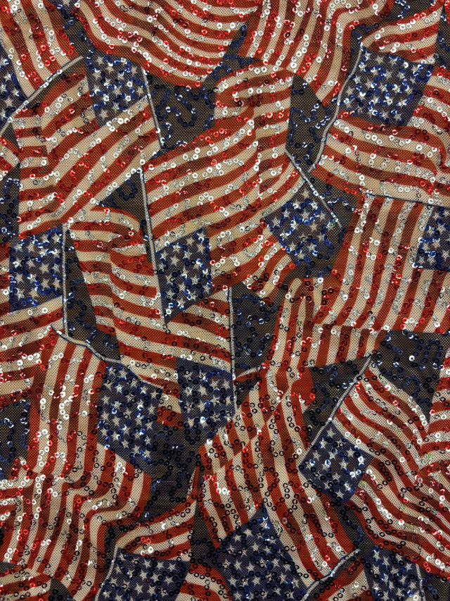 American Flag Print Sequin Mesh Fabric - American Flag Print, 4-Way Stretch, Medium Weight, 1 Yard