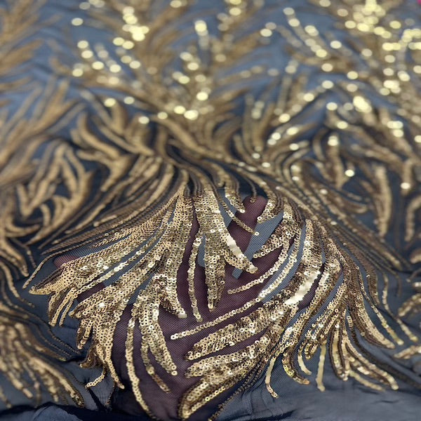 Ariba Floral Leaf Stretch Sequins Fabric - Nylon Spandex Mesh Fabric, 4-Way Stretch, 60" Width, 52" Sequins Width (1 Yard)