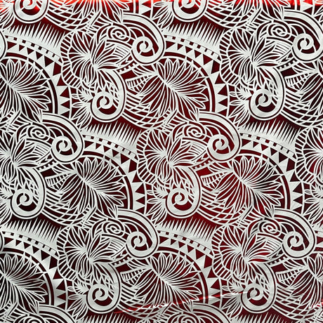 Palm Leaves Traditional Tattoo Polyester Foil Fabric - Foil Printed, Red & Gold, 36" X 60" (1 Yard)