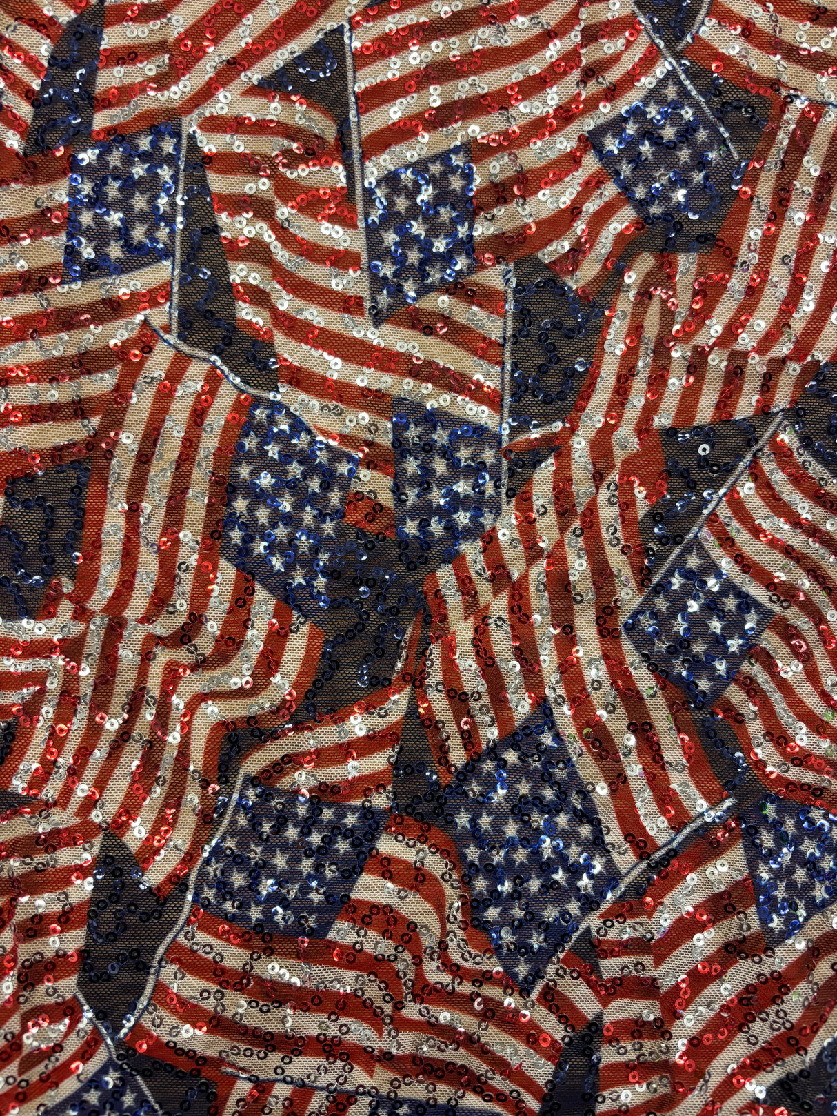 American Flag Print Sequin Mesh Fabric - American Flag Print, 4-Way Stretch, Medium Weight, 1 Yard