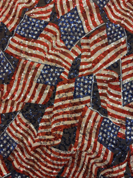 American Flag Print Sequin Mesh Fabric - American Flag Print, 4-Way Stretch, Medium Weight, 1 Yard