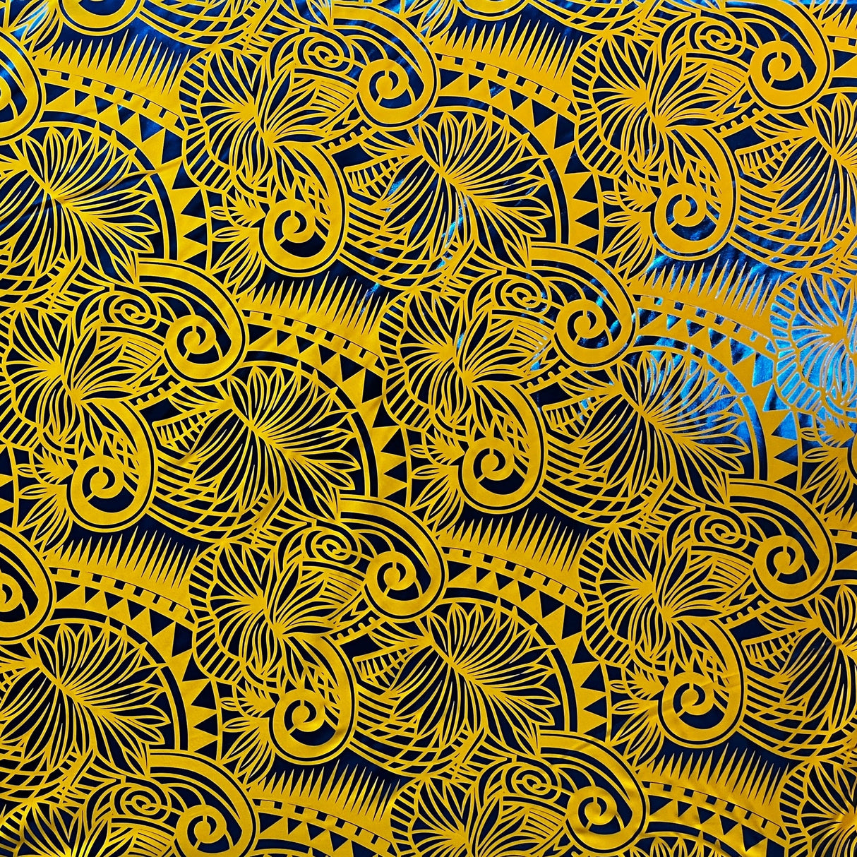 Palm Leaves Traditional Tattoo Polyester Foil Fabric - Foil Printed, Red & Gold, 36" X 60" (1 Yard)
