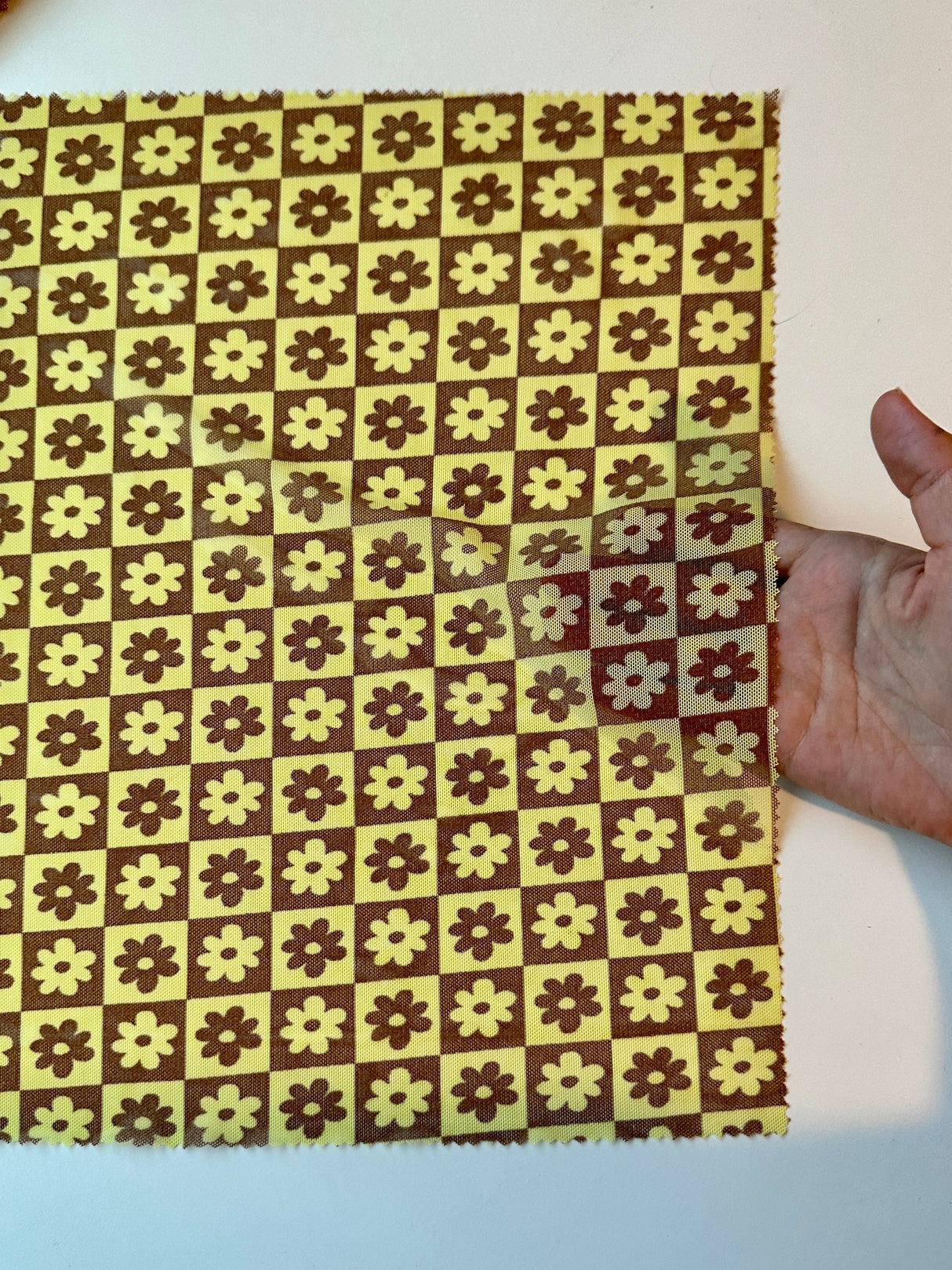 Printed Power Mesh Yellow Floral Checkered