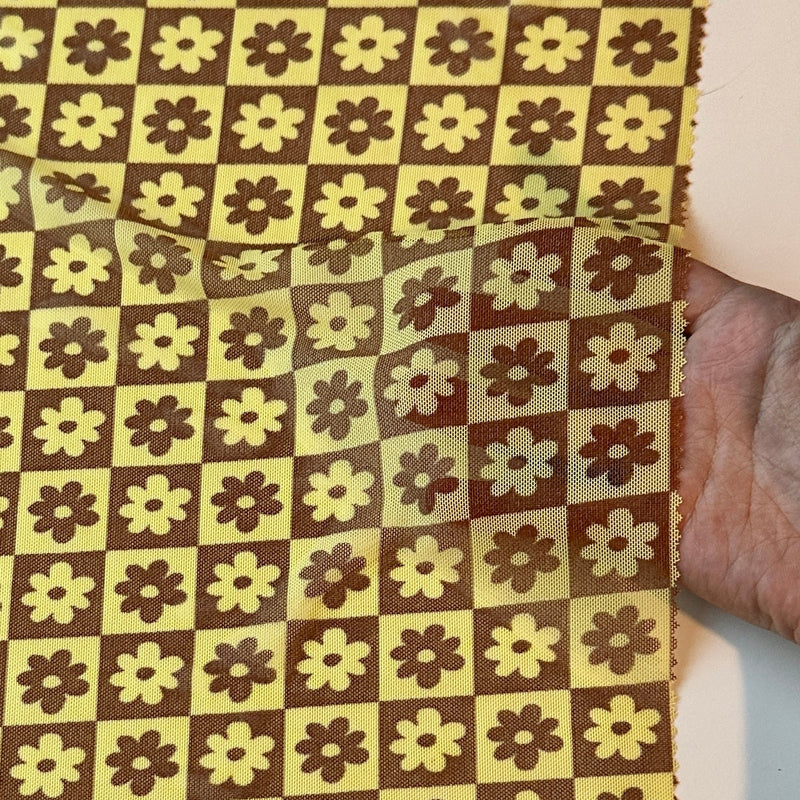 Printed Power Mesh Yellow Floral Checkered