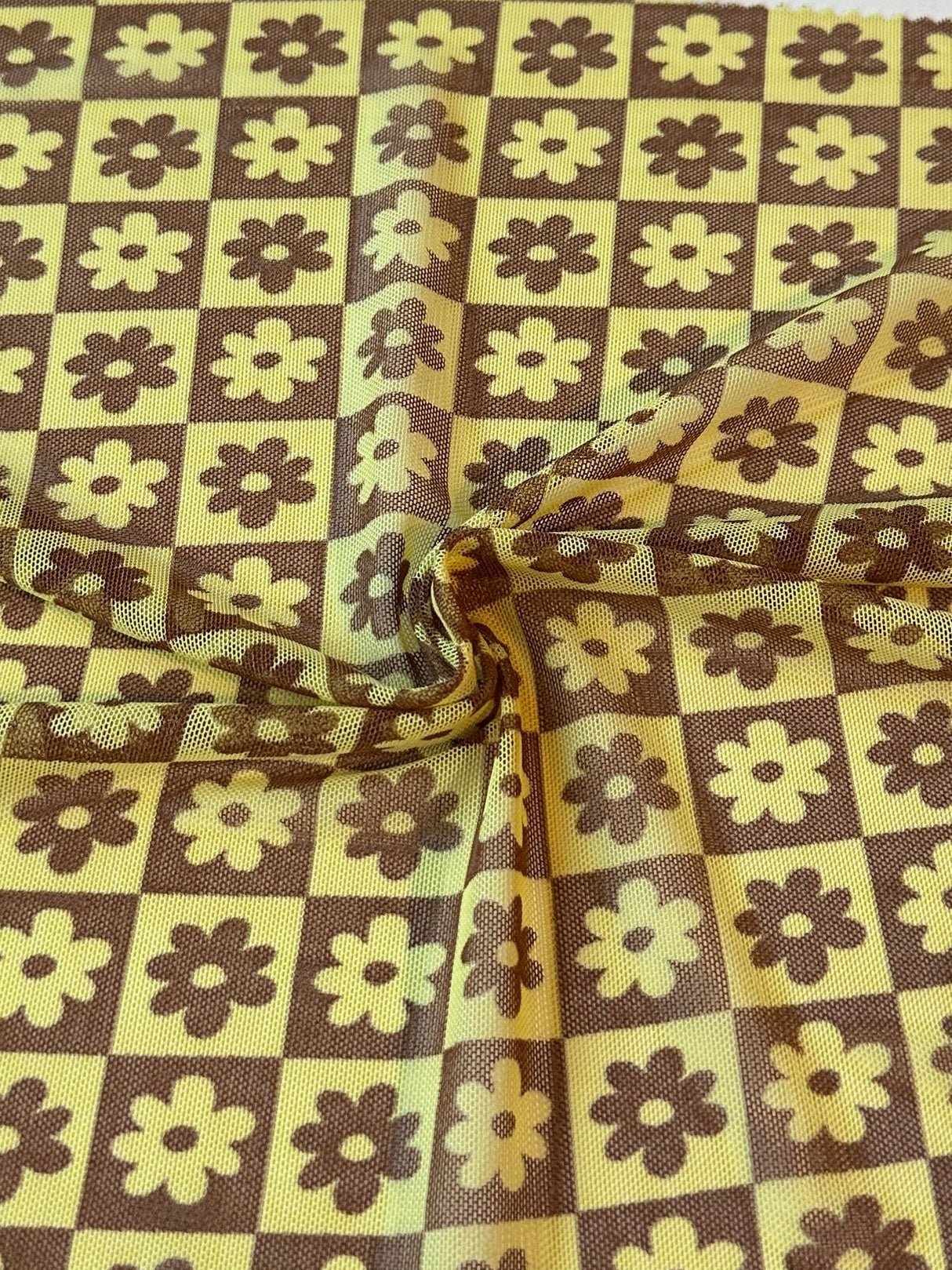 Printed Power Mesh Yellow Floral Checkered