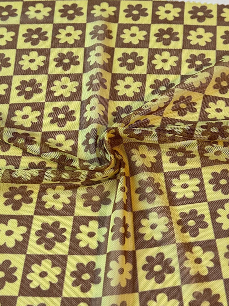 Printed Power Mesh Yellow Floral Checkered