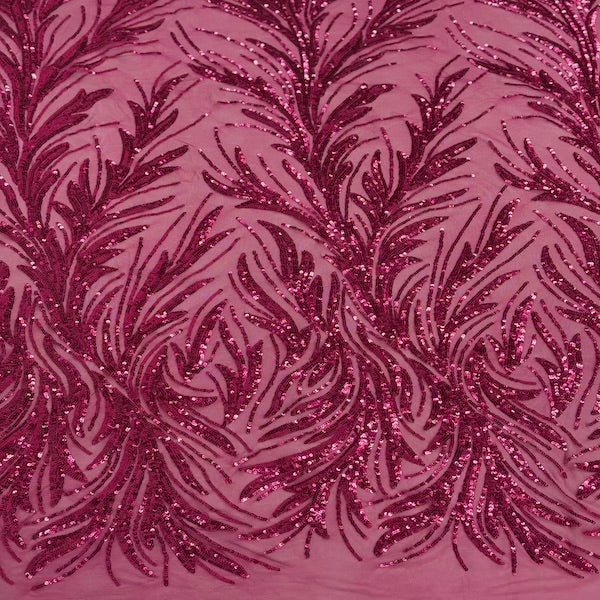 Ariba Floral Leaf Stretch Sequins Fabric - Nylon Spandex Mesh Fabric, 4-Way Stretch, 60" Width, 52" Sequins Width (1 Yard)
