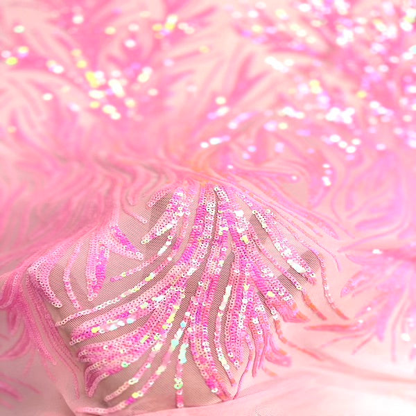 Ariba Floral Leaf Stretch Sequins Fabric - Nylon Spandex Mesh Fabric, 4-Way Stretch, 60" Width, 52" Sequins Width (1 Yard)