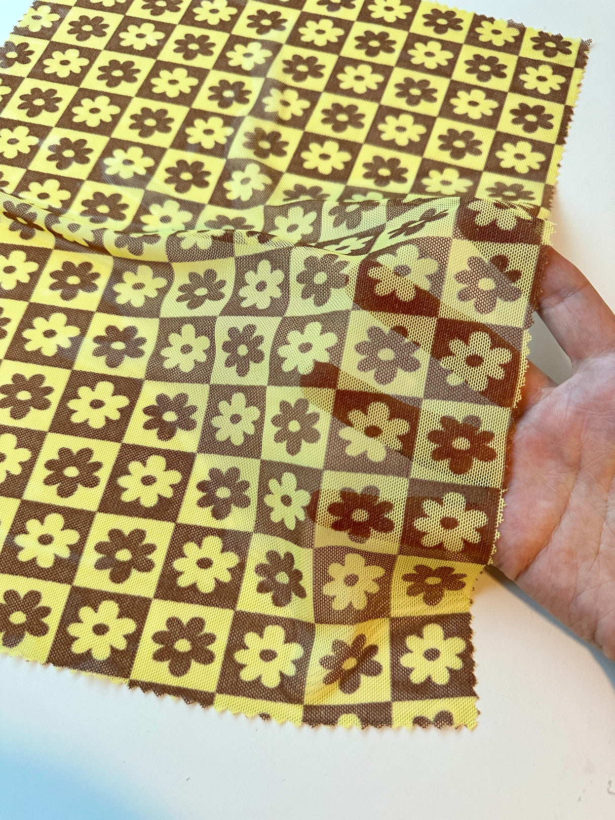 Printed Power Mesh Yellow Floral Checkered
