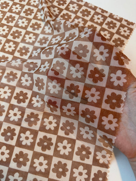 Brown Cream Checkered Power Mesh