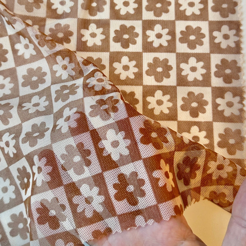 Brown Cream Checkered Power Mesh