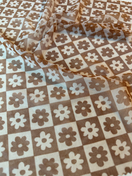 Brown Cream Checkered Power Mesh
