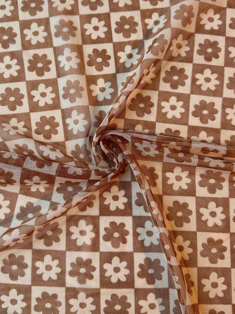 Brown Cream Checkered Power Mesh