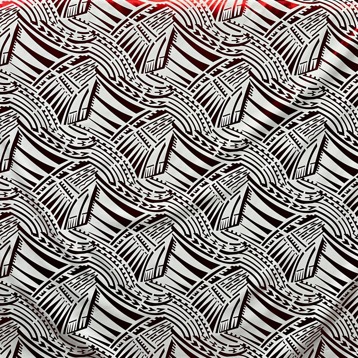 Traditional Polynesian Pattern Polyester Foil Fabric - Red & Black, 60" Width (1 Yard)