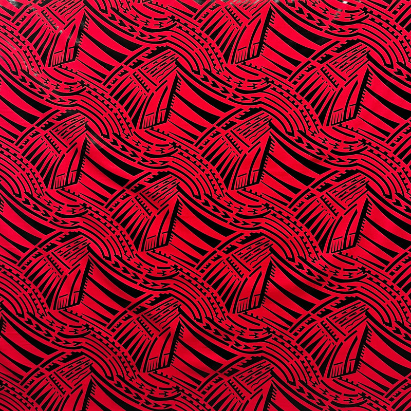 Traditional Polynesian Pattern Polyester Foil Fabric - Red & Black, 60" Width (1 Yard)