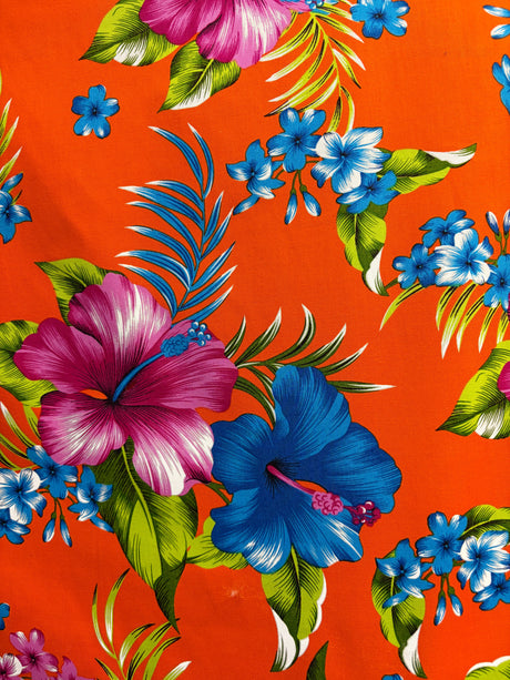 Cotton Fabric Hibiscus Palm Leaves Cluster Print