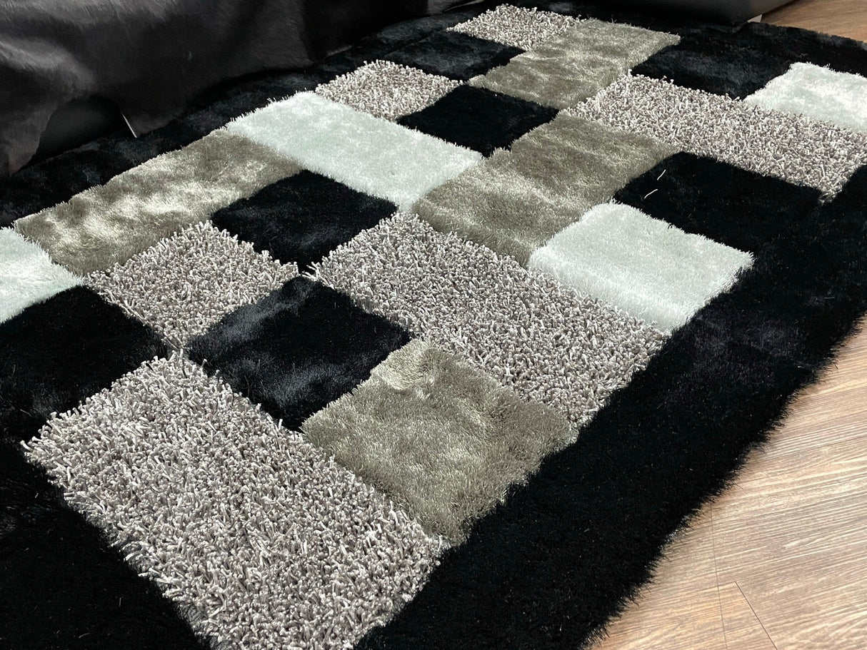 Square Plush Design Shag Area Rug Carpet - Shag Rug, Black/Earth, 2' X 3', 5' X 7', 7'6" X 10'3" (1 Unit)