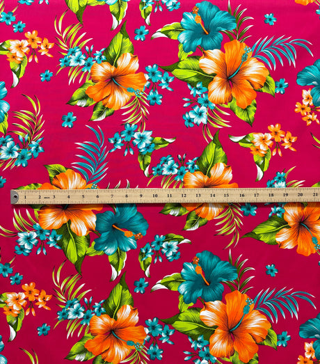 Cotton Fabric Hibiscus Palm Leaves Cluster Print
