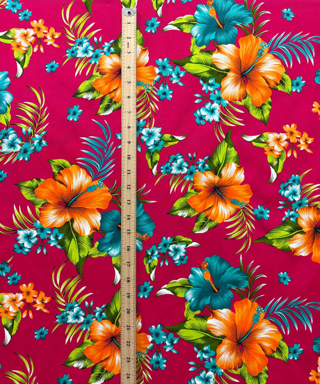 Hibiscus Palm Leaves Cluster All Over Design Cotton Fabric - Tropical Floral Leaf Print, 36" X 45" (1 Yard)